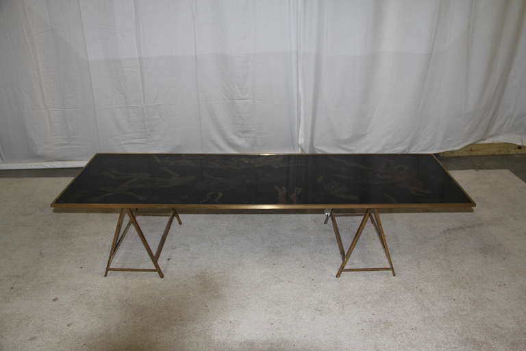 Vintage Brass Coffee Table with Painted Glass Top For Sale 4