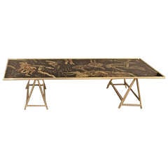 Used Brass Coffee Table with Painted Glass Top