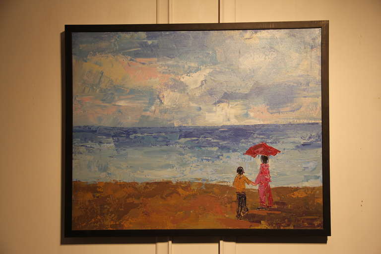 Oil on canvas depicting a mother and child at sea. Simple black frame.