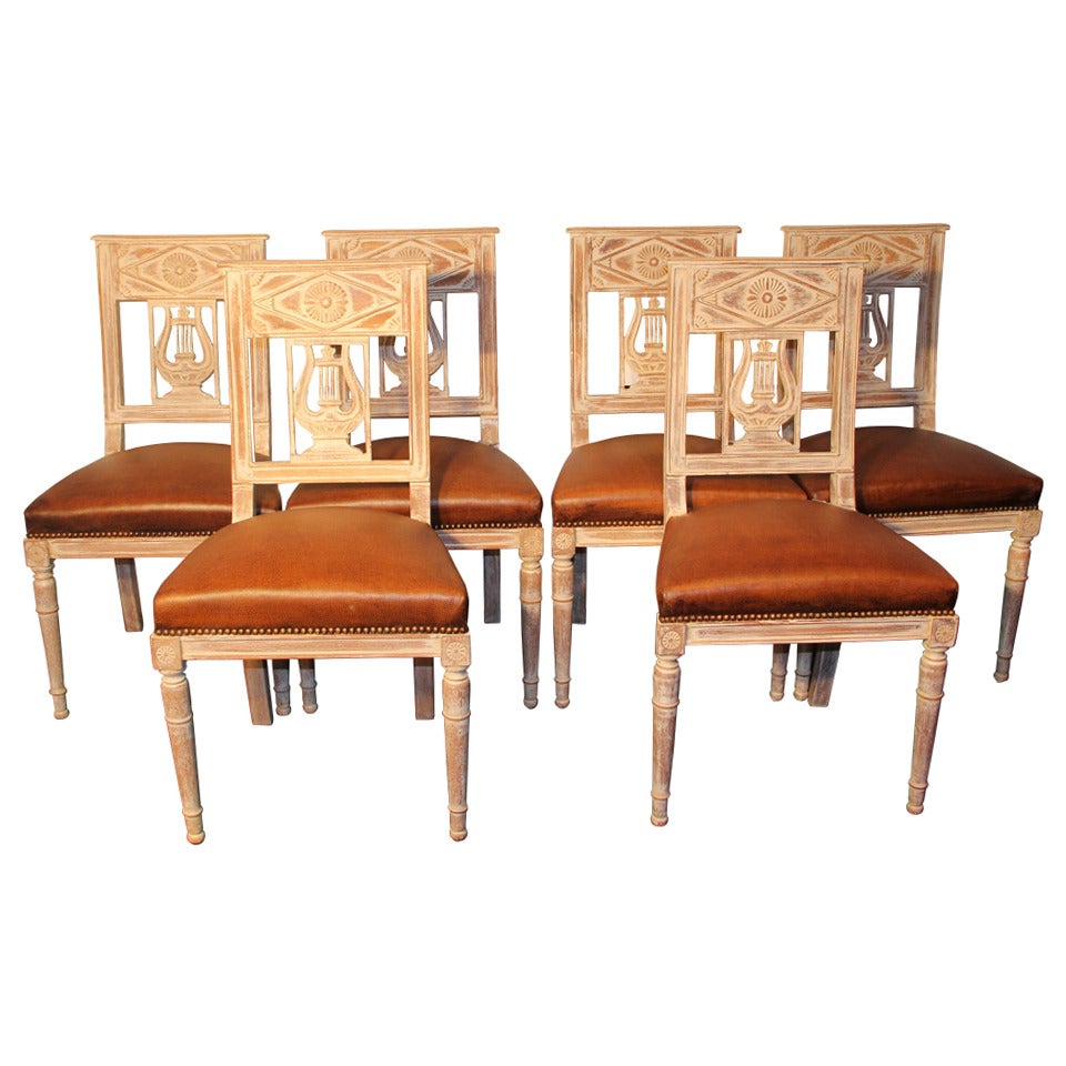 Set of Six French Lyre Back Dining Chairs For Sale