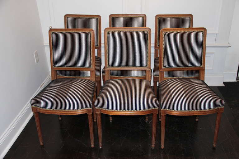 Set of six Louis XVI dining chairs from one of the estates of Christian Dior in France. Newly upholstered in Lelievre ribbed velvet.