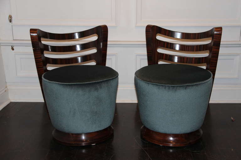Set of two French Macassar ebony chairs. Newly upholstered in muted teal mohair.