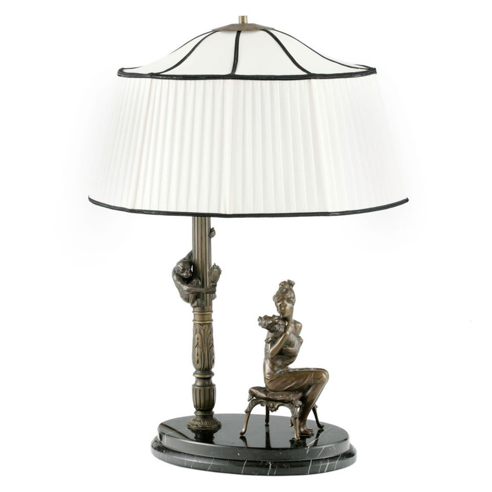 Austrian Art Deco Lamp "Lady with Doggy and Monkey" by Bruno Zach For Sale