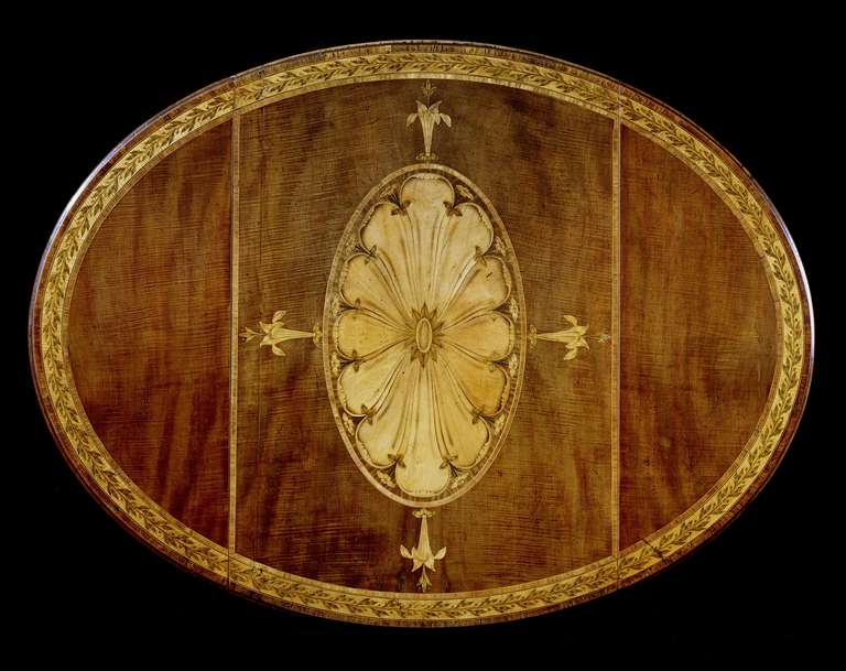 A very fine late 18th century Adam period marquetry inlaid harewood Pembroke table by George Simson having a kingwood and tulipwood crossbanded top centred with a boxwood oval medallion with a berried laurel border, the frieze inlaid with palm