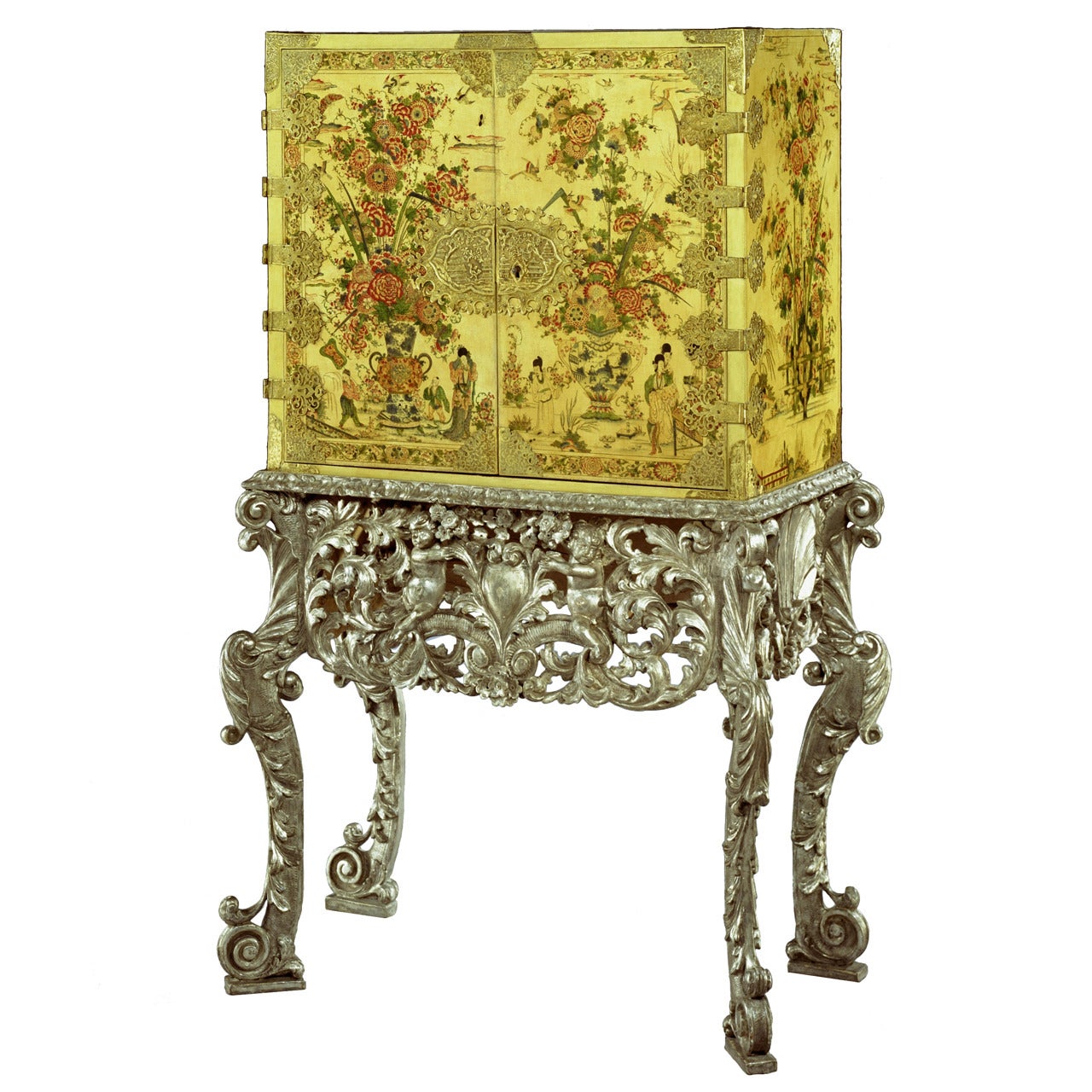 Charles II Cream Japanned Cabinet on Silvered Stand For Sale