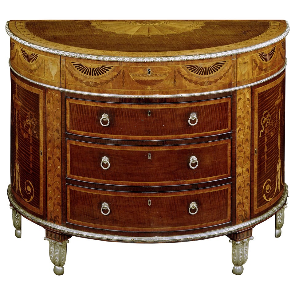 A George III Demi-lune Marquetry Commode Attributed to Mayhew and Ince (4488801) For Sale