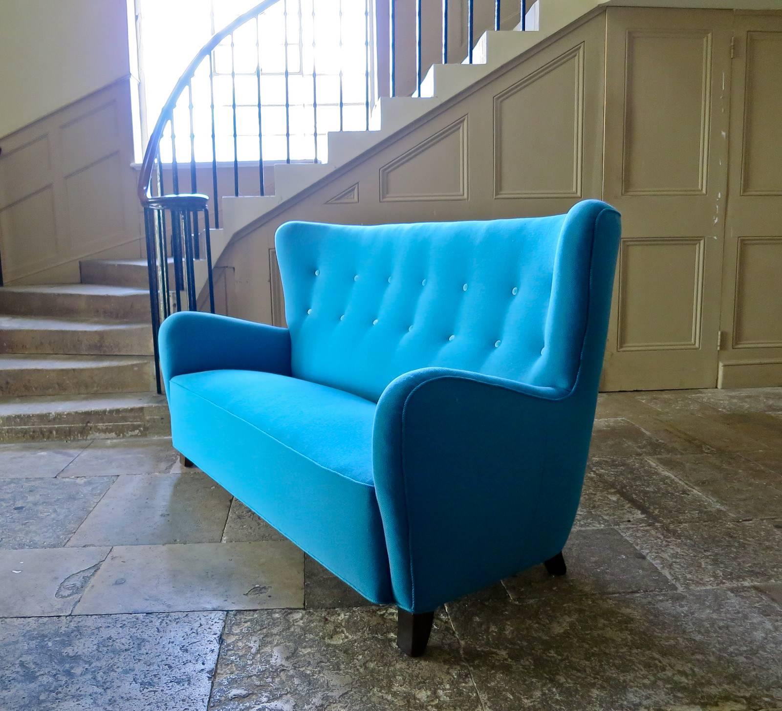 20th Century Midcentury Danish High Back Sofa in Wool and Velvet, 1940s For Sale