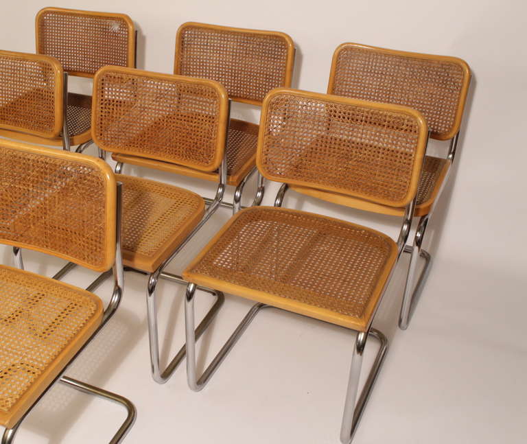 Elegant & original mid-century  Set of eight Cesca chairs designed by Marcel Breuer in 1928 dedicated to his daughter Francesca.
 This chair was part of his pioneer production of chromed tubular steel furniture.  
Cantilevered tubular chrome frame