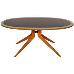 Italian Oval Table with Wood and Blue Glass