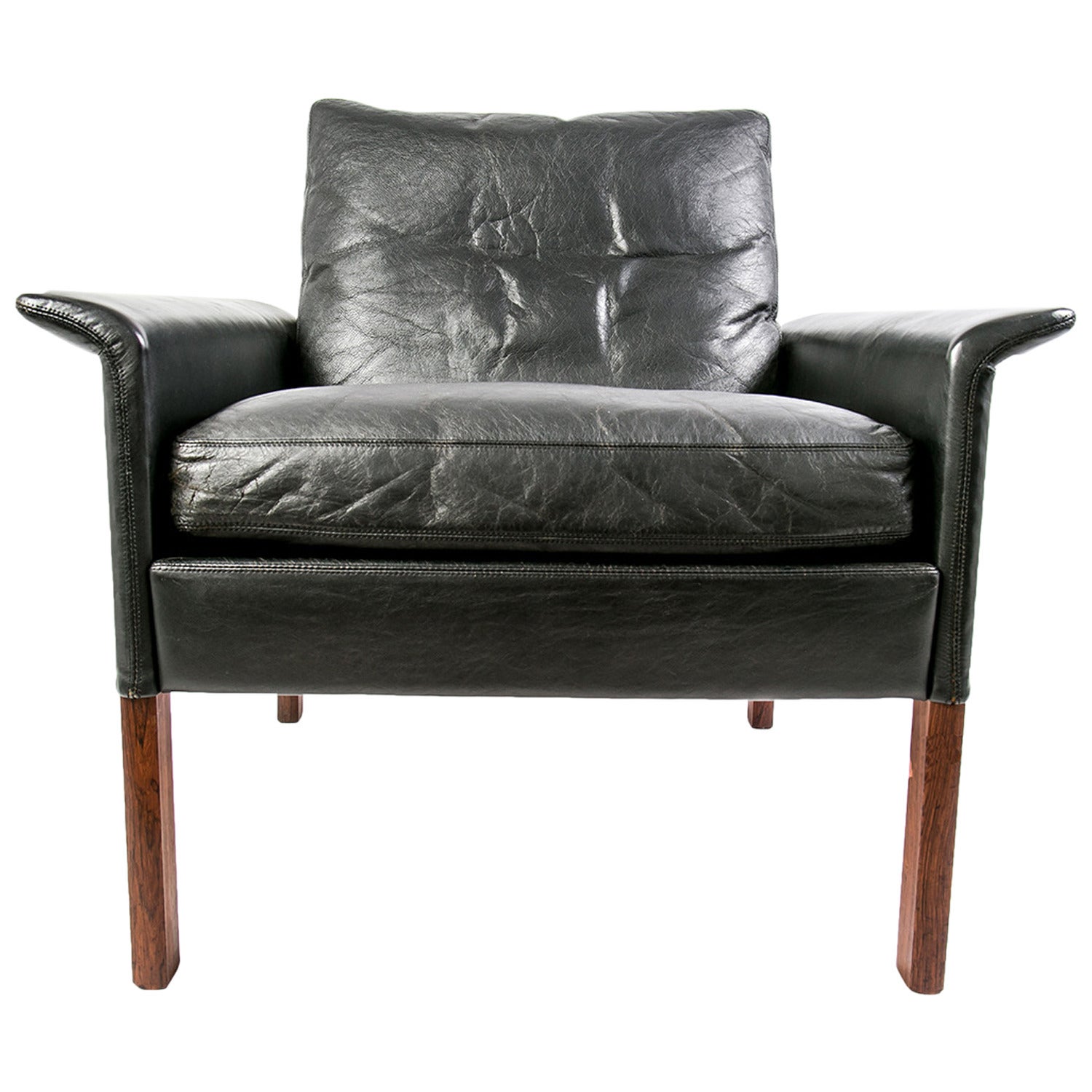 Original Well Preserved Hans Olsen Black Leather Armchair