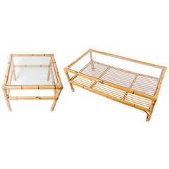 Vintage Set of Coffee and Side Tables in Rattan