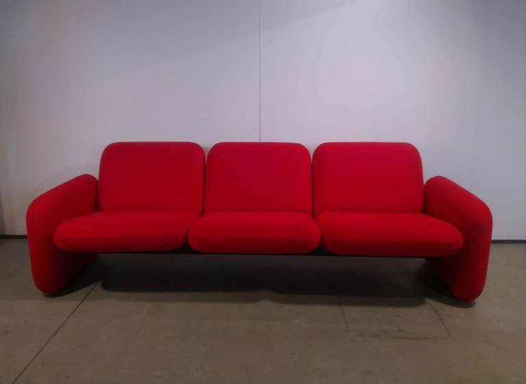 Chiclet sofa by Ray Wilkes for Herman Miller. 3 seats upholstered in red wool blend fabric.