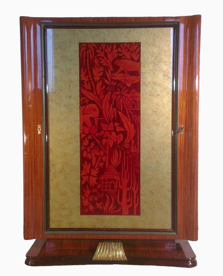 a beautiful italian bar 1940 in mahogany wood and front glass painting, revolving door with bar inside in maple wood, base has a  golded wood leaf, hardware in brass