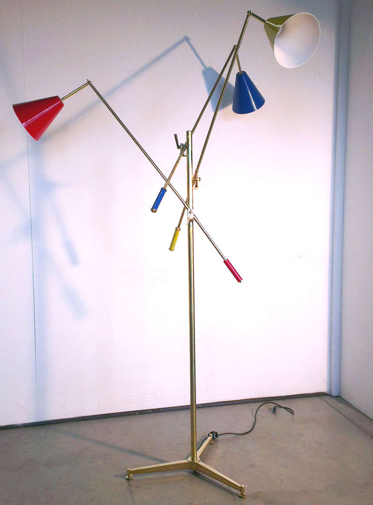 Triennale lamp, brass and laquered brass yellow, blue and red, 1980 reissue of the model 1951