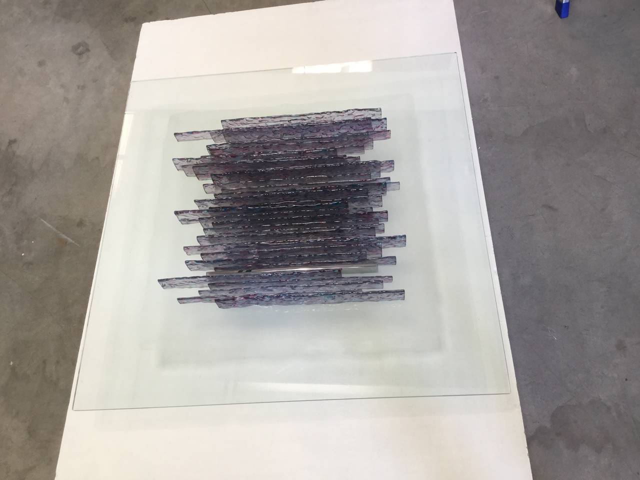 Beautiful cut crystal and frosted panel, it's surmounted by glass sheets iridescent amethyst, the frame is chrome metal with the label of the company Esperia, signature on the panel 