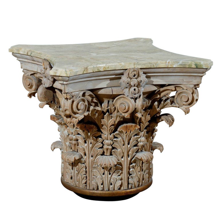 Corinthian Capital Side Table with Marbleized Wood Top at 1stDibs