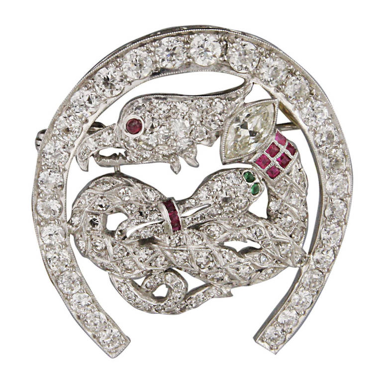 4,9 Carati Art Deco Rubino Smeraldo Diamante Spilla in Platino