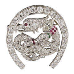 4.9 Carat Art Deco Ruby Emerald Diamond Platinum Brooch