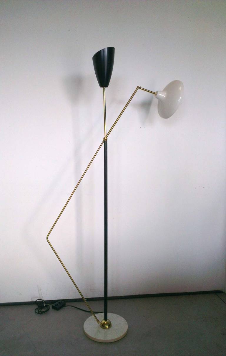 floor lamp, with circular carrara marble   , two stems with a black cone and a white adjustable large cup as diffusers