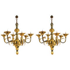 A Pair of Italian Painted and Carved Giltwood Chandaliers
