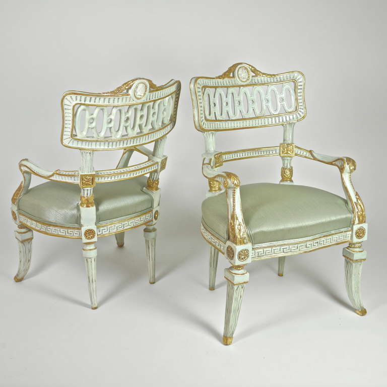 Louis XVI Pair of Italian 18th Century Painted and Parcel Gilt Carved Fauteuils