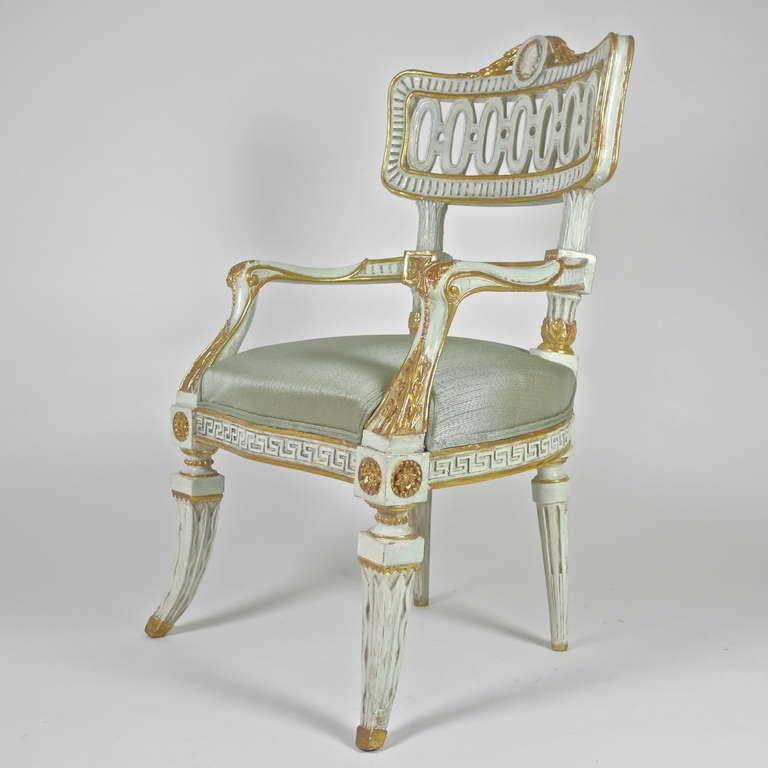 Mid-18th Century Pair of Italian 18th Century Painted and Parcel Gilt Carved Fauteuils