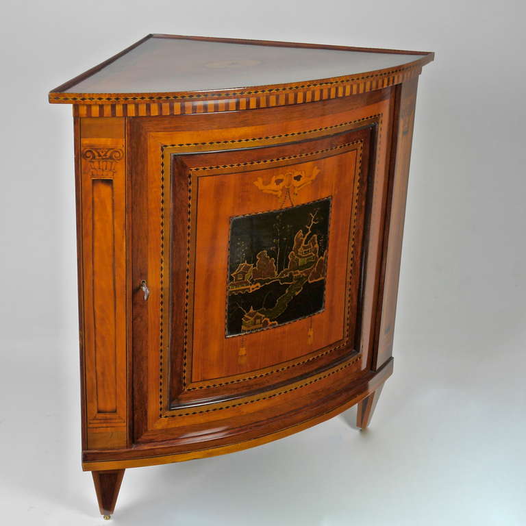 French An 18th Century Louis XVI  Marquetry and Lacquer Corner Cabinet or 'Encognure' For Sale