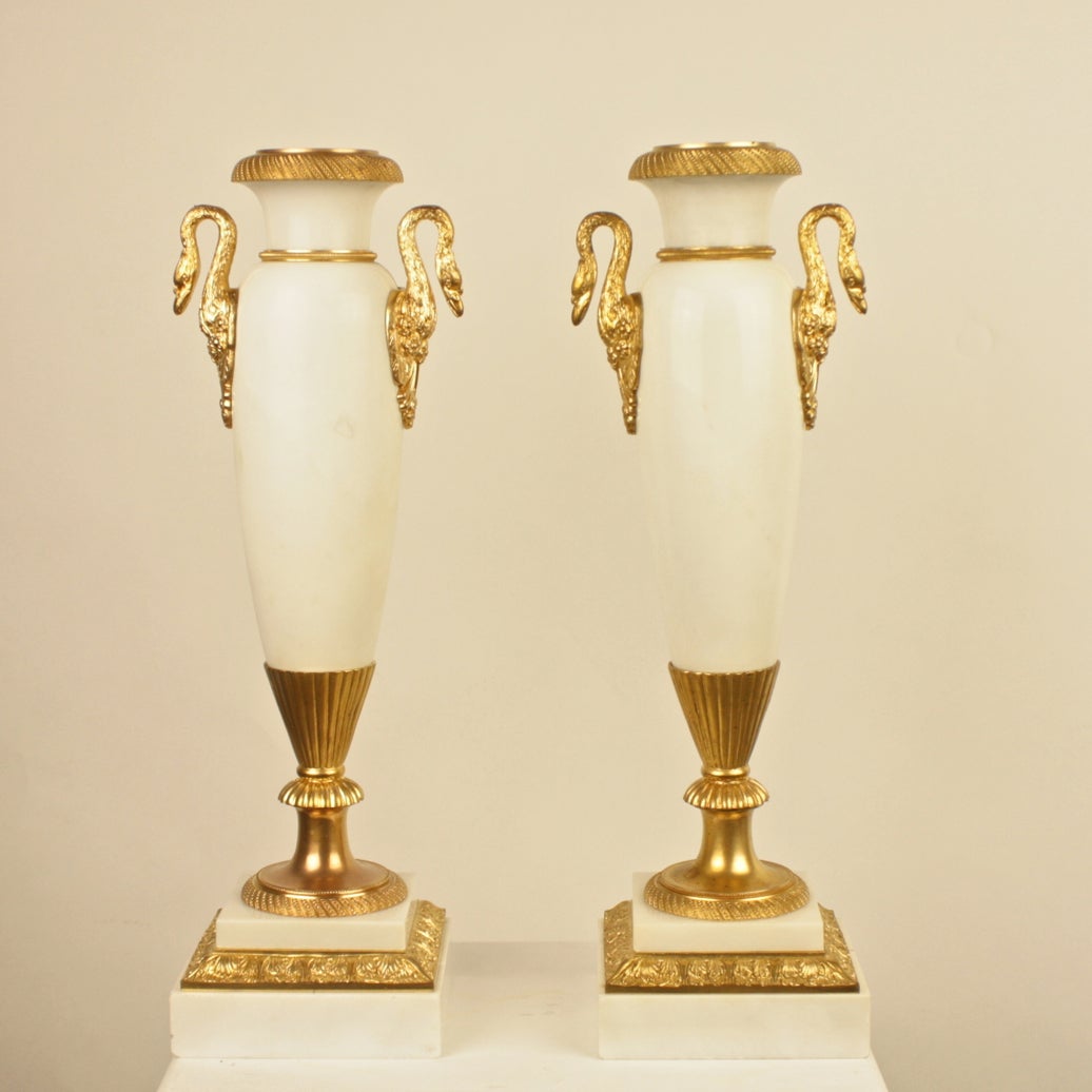 Pair of Louis XVI Style Ormoulu and Marble Vases