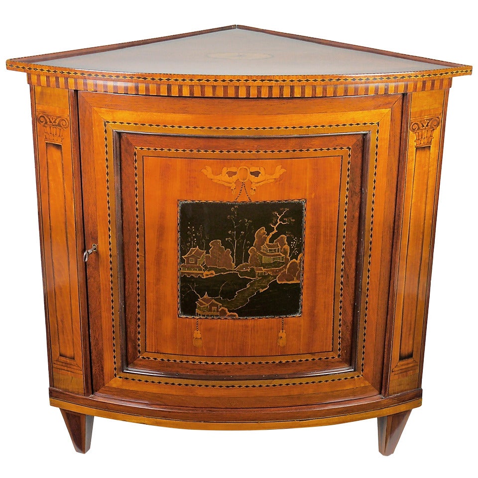 An 18th Century Louis XVI  Marquetry and Lacquer Corner Cabinet or 'Encognure' For Sale
