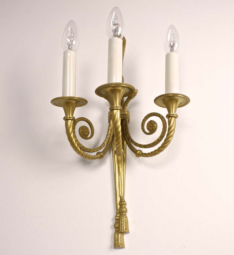 A Pair of Louis XVI Style Gilt-Bronze Three Light Bras de Lumiere/ Sconce/ Wall Lights at 1stdibs