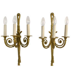 A Pair of Louis XVI Style Gilt-Bronze Three Light Bras de Lumiere/ Sconce/ Wall Lights