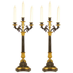 Pair of Charles X Ormolu and Patinated Bronze, Four-Light Candelabras