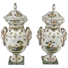 Pair of Faience Vases with Cover, Olérys and Laugier's Pottery Factory, Moustiers