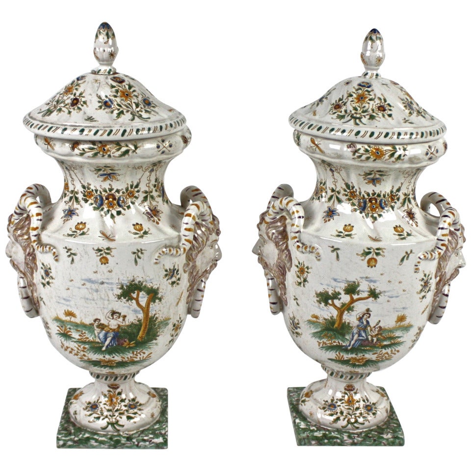 Pair of Faience Vases with Cover, Olérys and Laugier's Pottery Factory, Moustiers