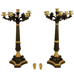 A Pair of Charles X Ormolu and Patinated-Bronze Five Light Candelabra