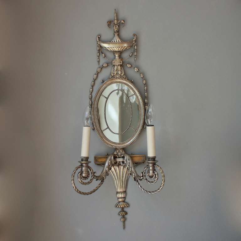 Pair of Adam Style, Silver Bronze, Two Light Wall Sconce