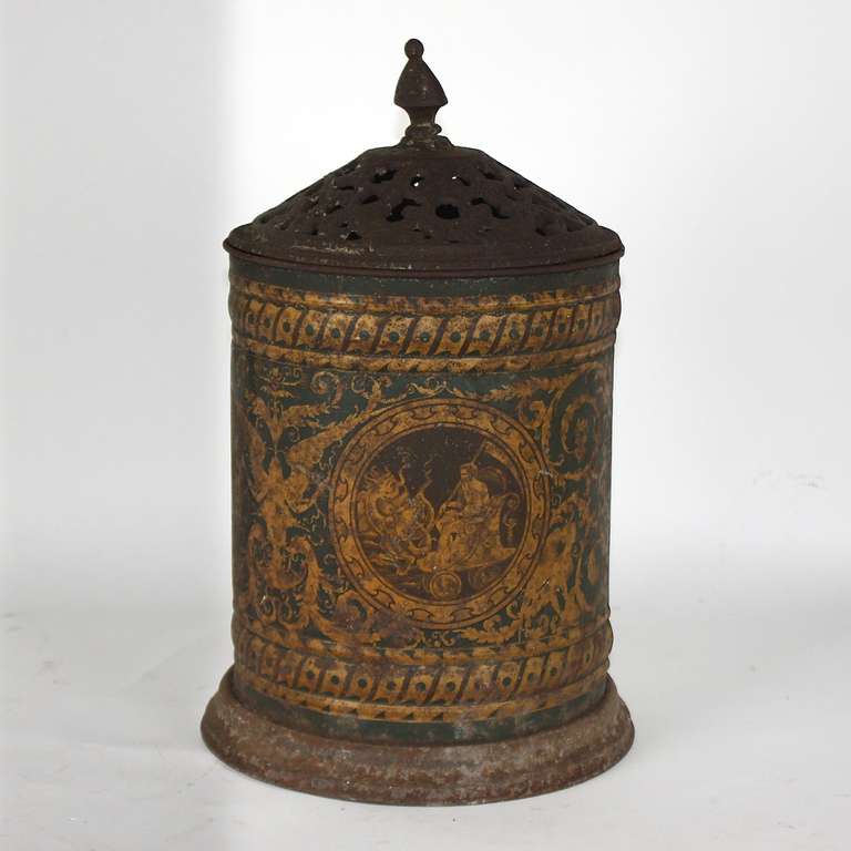 19th century dark blue and gilt-metal cylinder with openings in the lid. The cylinder gilded and painted with Greek mythical scenes, depicting three different kinds of chariot: The chariot of Poseidon, of Helios and of Chronos. Attractive and