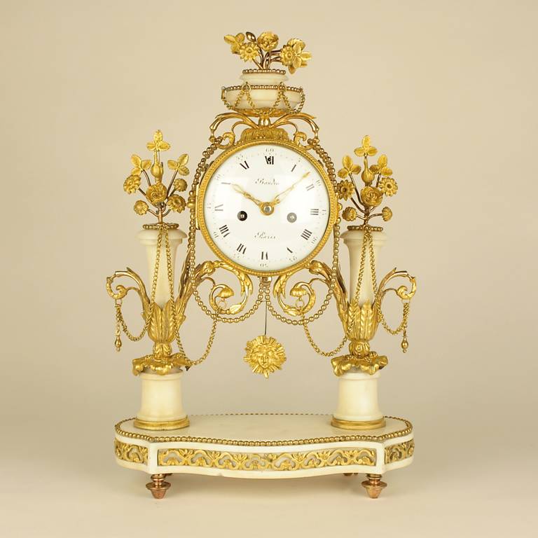 Louis XVI Gilt-Bronze and White Marble Mantel Clock, Signed Baudin