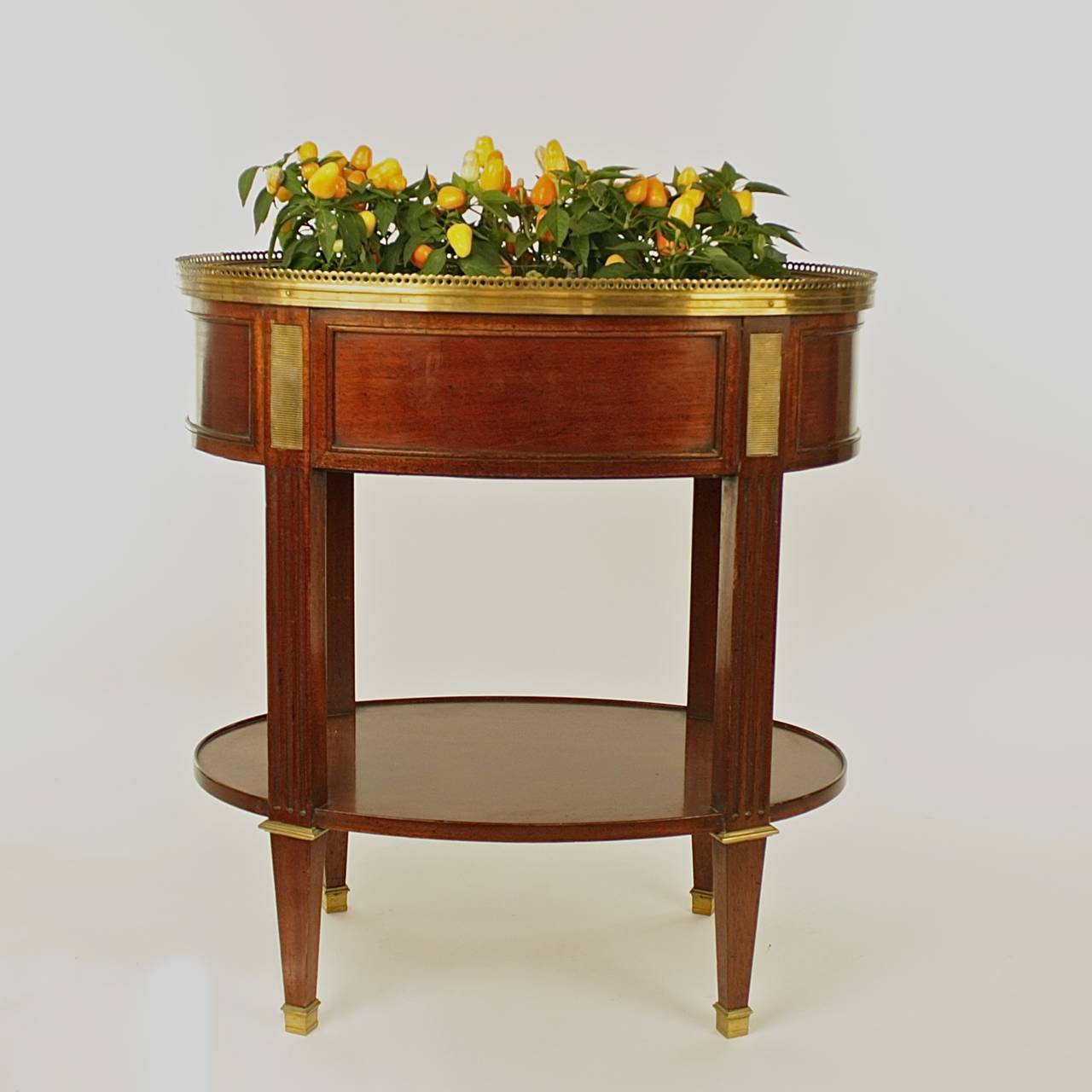 A galleried brass-mounted jardiniere table or plant stand of oval shape, having an red leather-lined top inset with a conforming metal liner, above a paneled frieze, raised on square tapering fluted legs surmounted by 'mille raie' panels, with an