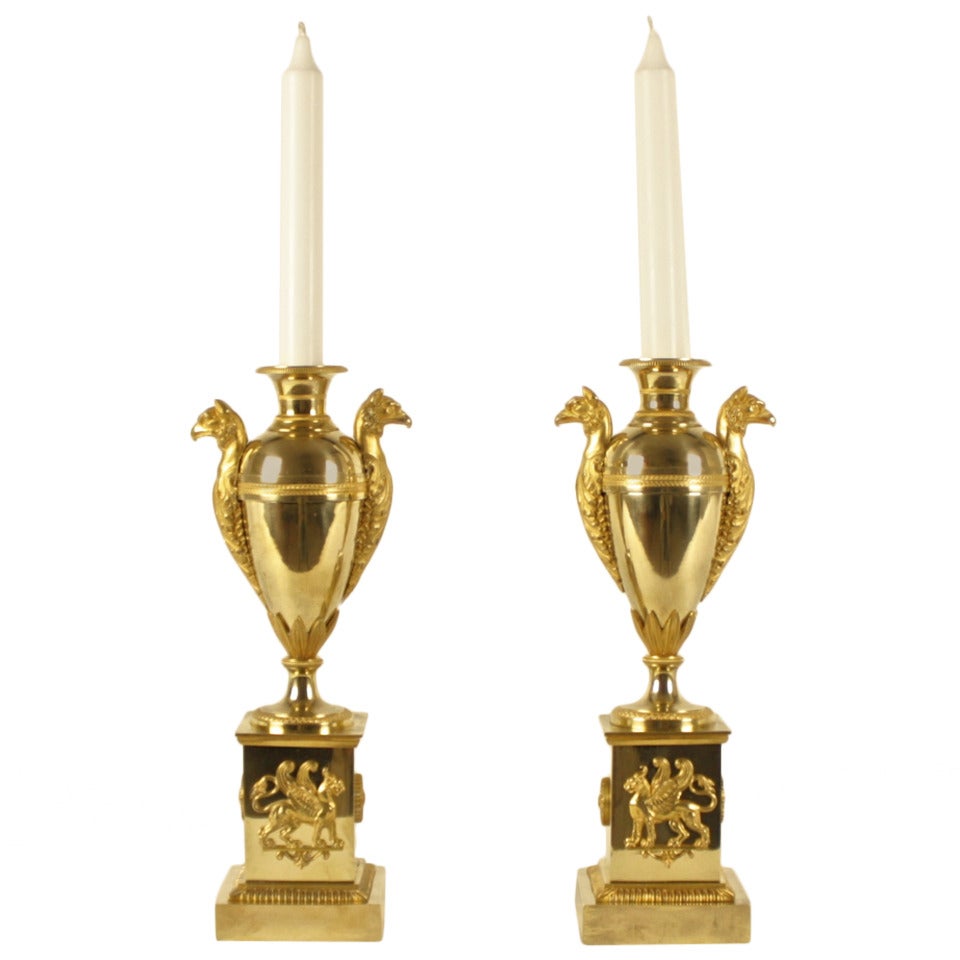 Pair of Empire Gilt-Bronze Vase-Shaped Candlesticks, circa 1800
