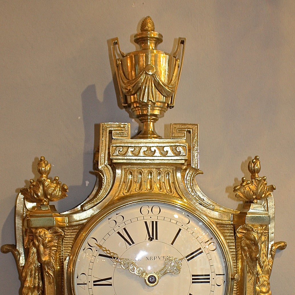 French Large 18th Century Wall Clock, Louis XVI, Signed Le Nepveu a Paris