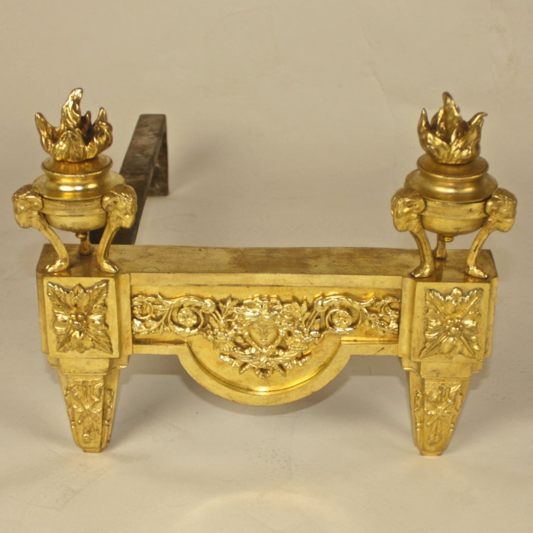 French Pair of Louis XVI Style Ormolu Chenets / Andirons by Bouhon Freres, 19th Century