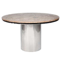 Stainless and Limestone Pedestal "Anello" Dining Table by Brueton