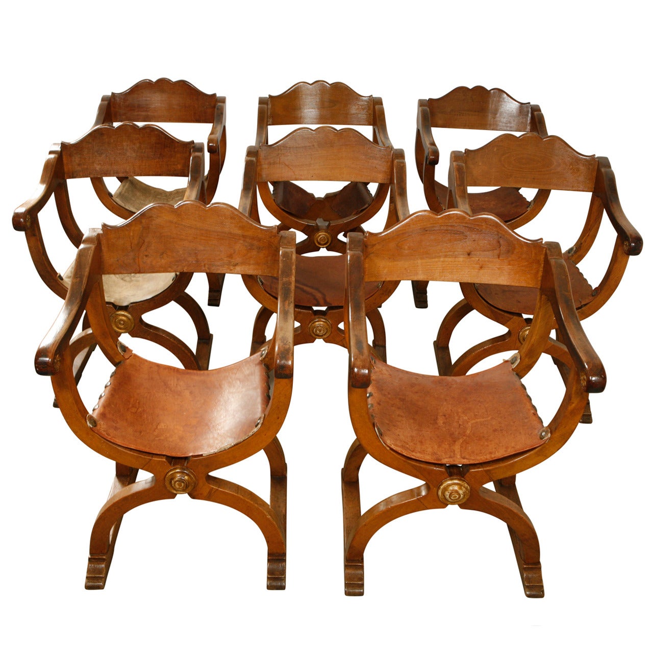 Ensemble de 8 chaises de salle à manger florentines en noyer, 19ème siècle italien