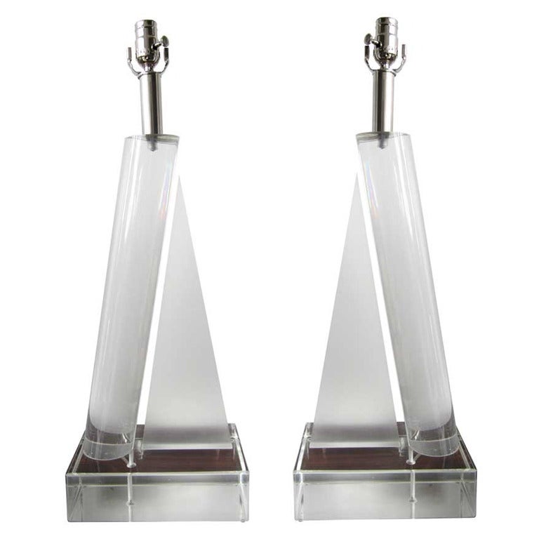 Pair of Triangular Lucite Lamps