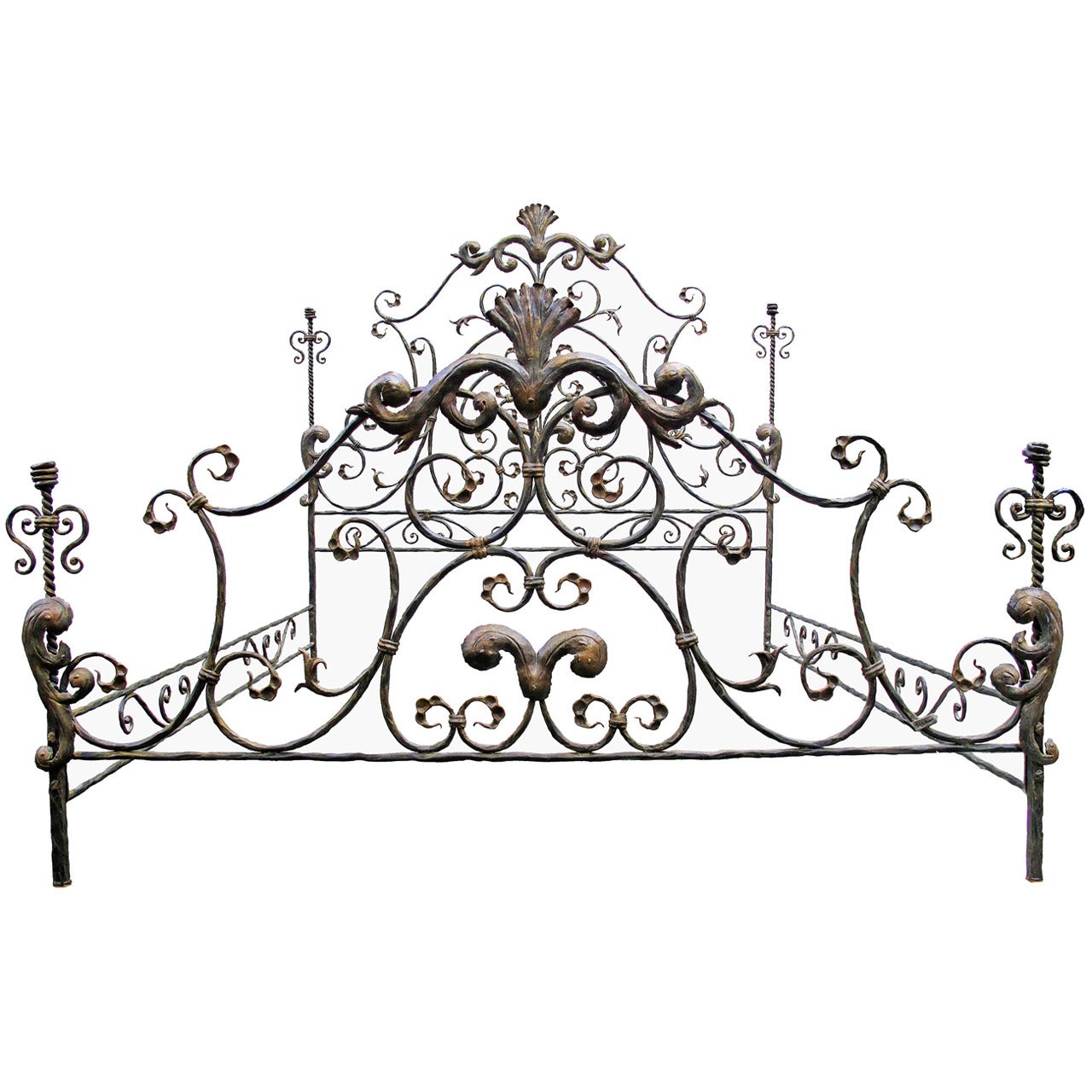 A Neoclassical and Baroque Revival Bed in Wrought Iron, Signed 