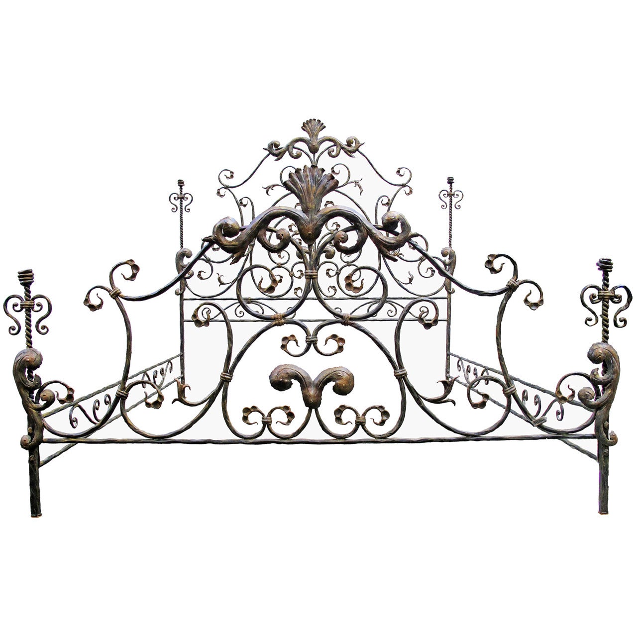 A Neoclassical and Baroque Revival Bed in Wrought Iron, Signed
