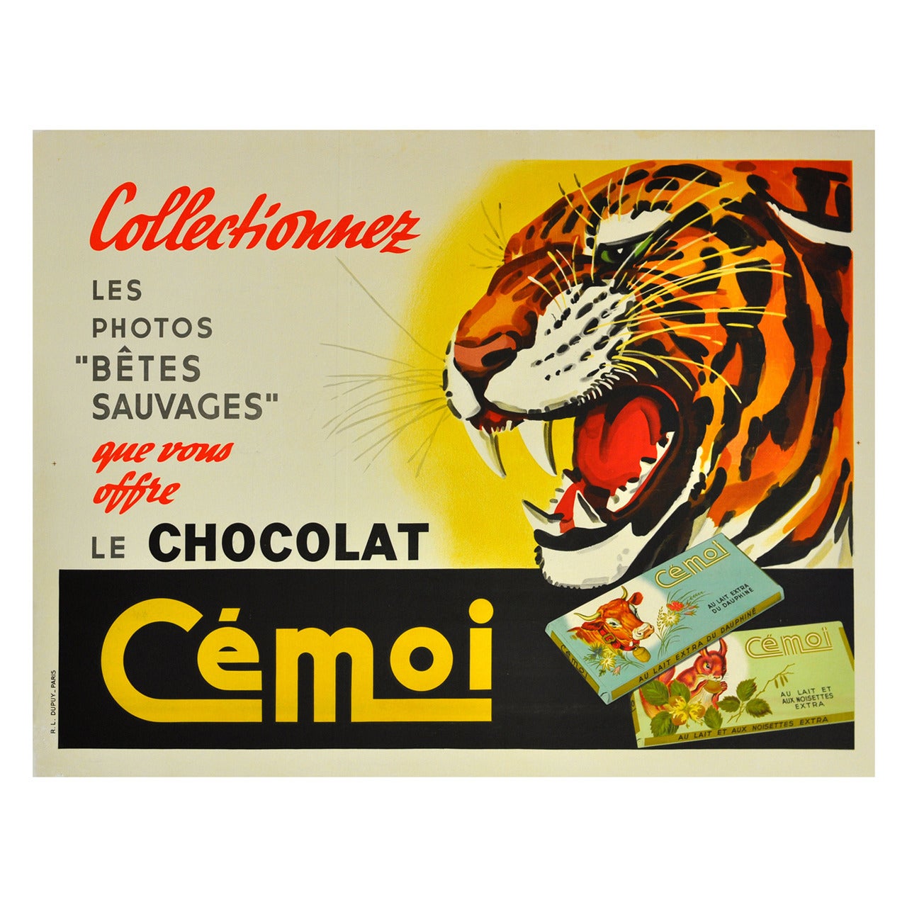 Original Vintage Advertising Poster for French Chocolate Cemoi, Featuring a Roaring Tiger