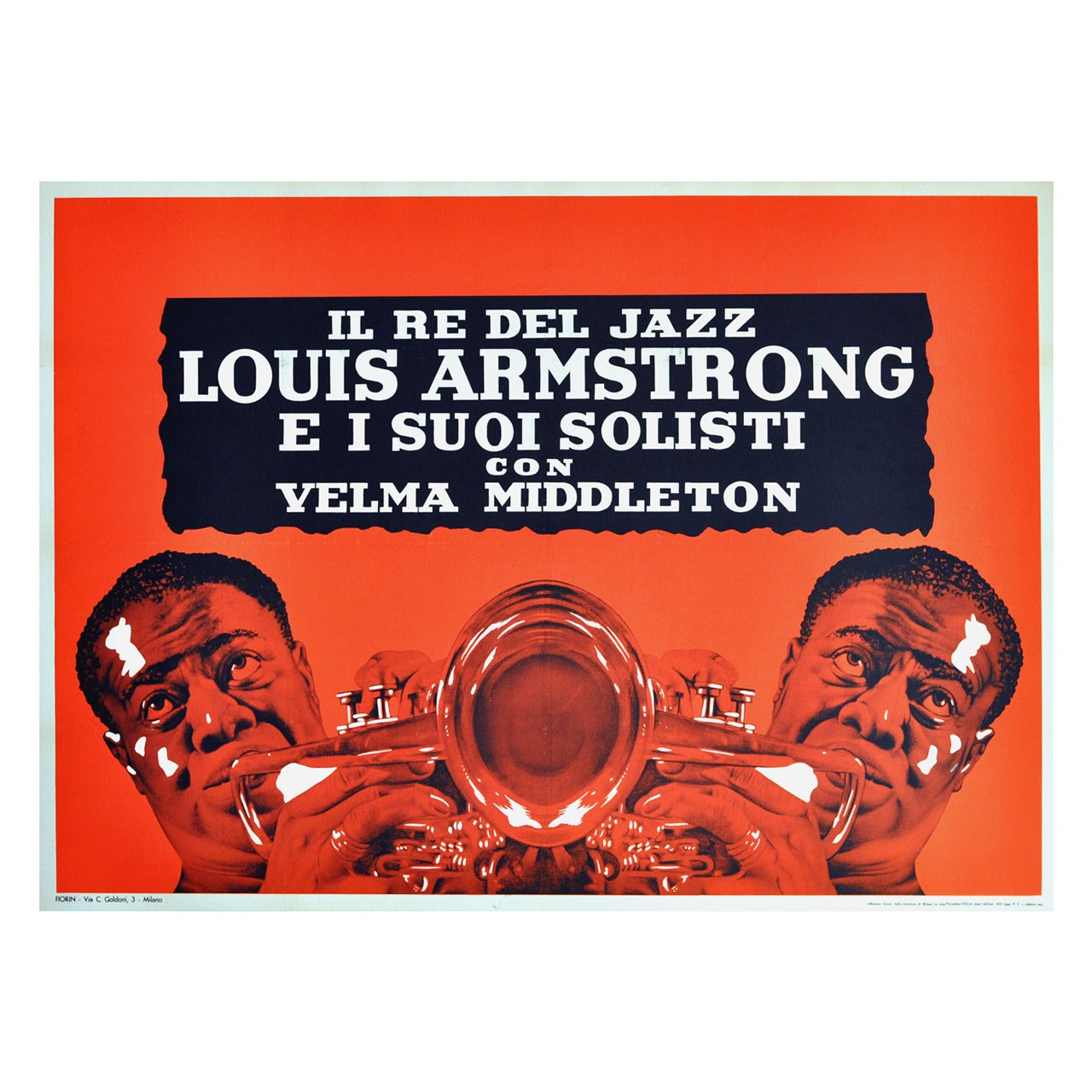 Very Rare Original Vintage Advertising Poster for a Louis Armstrong and Velma Middleton Jazz Concert in Milan