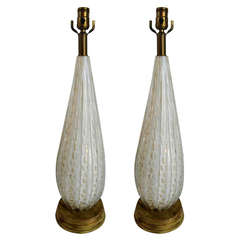 Pair of Barovier White Lamps with Controlled Gold Bubbles
